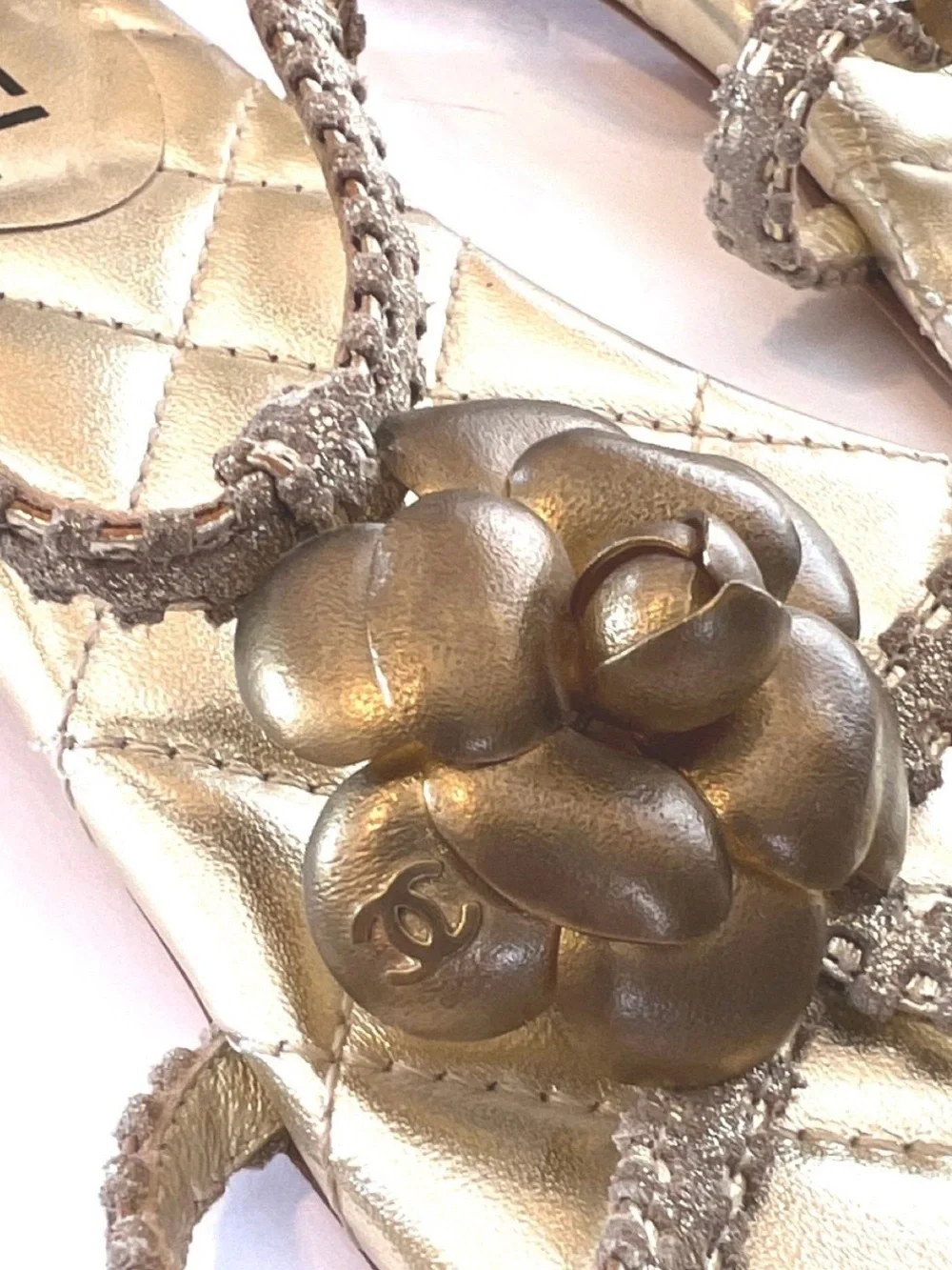 Chanel Gold Quilted CC Camelia Sandals‎